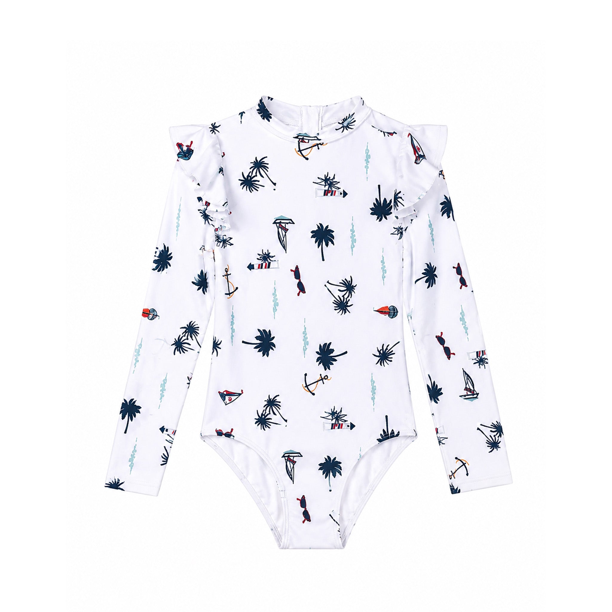 COASTAL PRINT LONG SLEEVE ONE PIECE SWIMSUIT